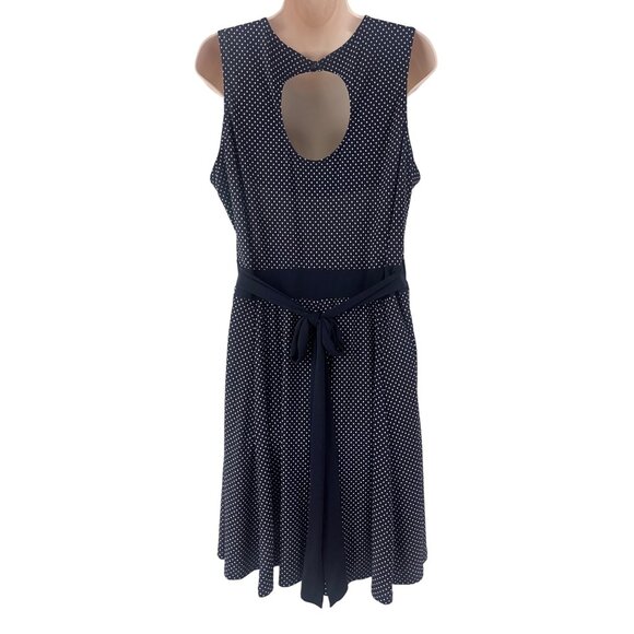 Size 14W 1X NAVY BLUE/WHITE TINY POLKA‎ DOT CUTOUT DRESS W/TIE Summer PLUS SIZE - Picture 3 of 4